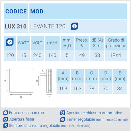 LUX310 Aspiratore da parete con timer regolabile