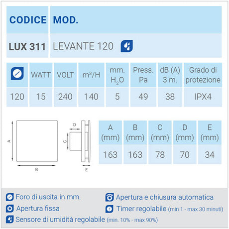 LUX311 Aspiratore da parete con sensore di umidità regolabile