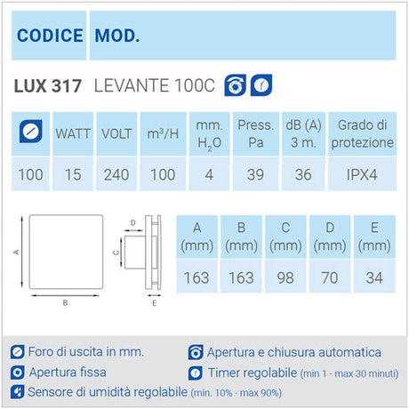 Aspiratore da parete LUX317 Ø100 con accessori