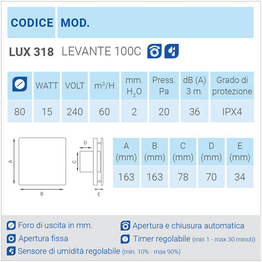 LUX318 Aspiratore da parete con apertura e chiusura automatica e sensore di umidità regolabile
