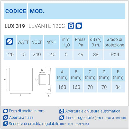LUX319 Aspiratore da parete con timer regolabile e apertura e chiusura automatica