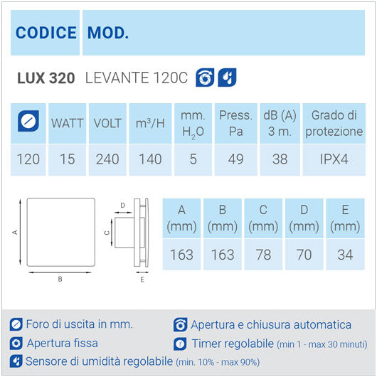 LUX320 Aspiratore da parete con sensore di umidità regolabile e apertura e chiusura automatica