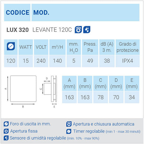 LUX320 Aspiratore da parete con sensore di umidità regolabile e apertura e chiusura automatica