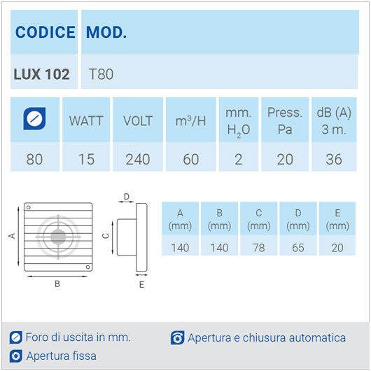 LUX102 Ø80 Aspiratore da parete