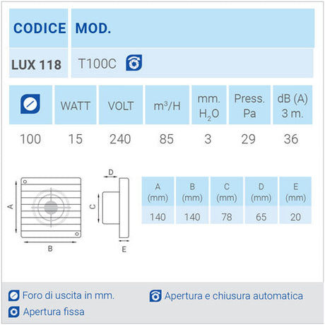 LUX118 Ø100 Aspiratore da parete con apertura e chiusura automatica