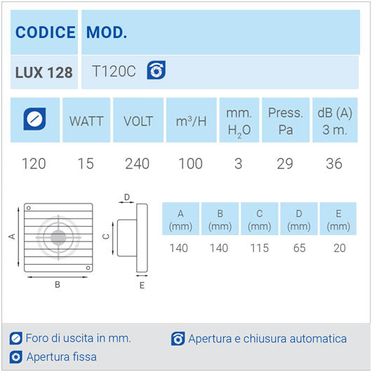 LUX128 Ø120 Aspiratore da parete con apertura e chiusura automatica