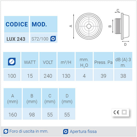 LUX243 Ø100 Aspiratore da parete con apertura fissa