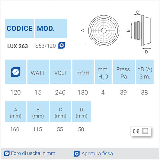 LUX263 Ø120 Aspiratore da parete con apertura fissa