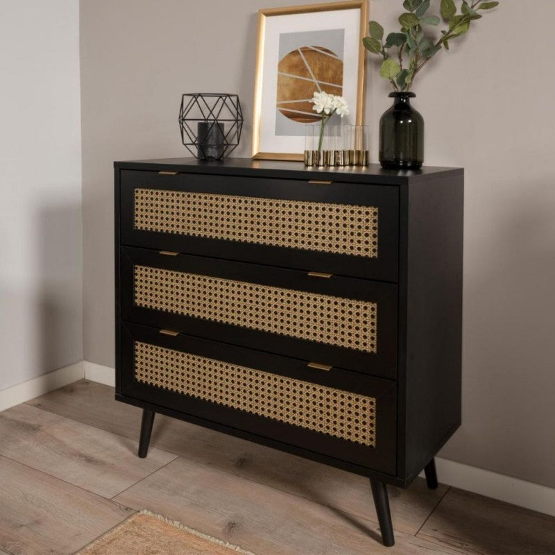 Cassettiera  3 cassetti nera con frontali vimini