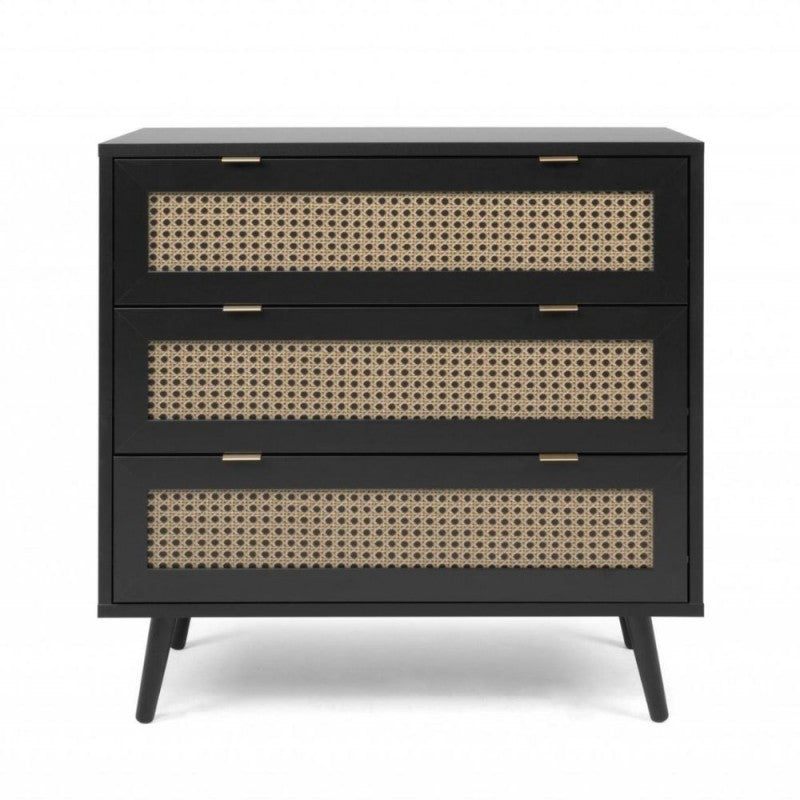 Cassettiera  3 cassetti nera con frontali vimini