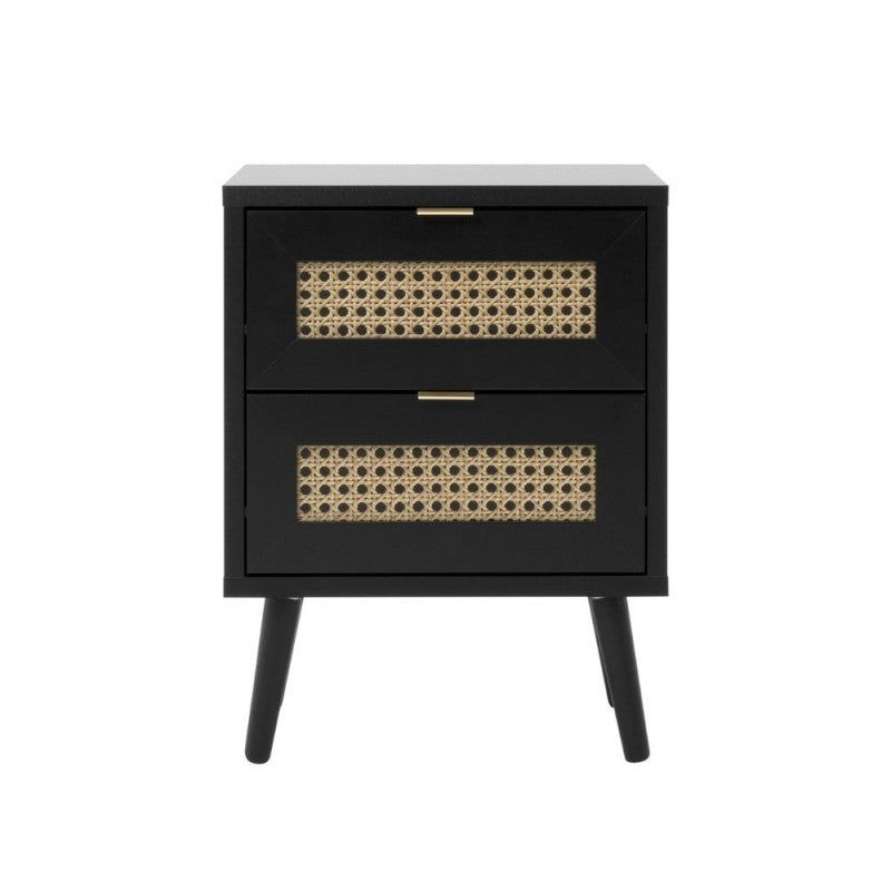 Comodino 2 cassetti nero con frontali effetto vimini