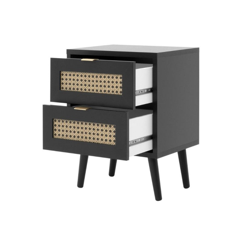 Comodino 2 cassetti nero con frontali effetto vimini