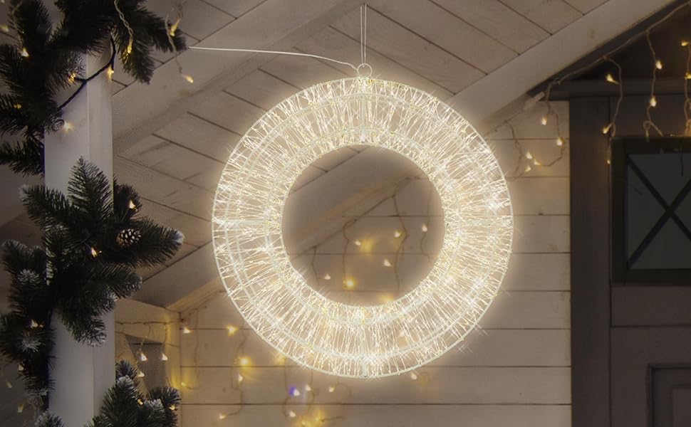 Ghirlande/Corona Natalizie, Decorazione luminosa 3D Struttura in metallo rivestita con Microled Bianco Caldo con Led Flash