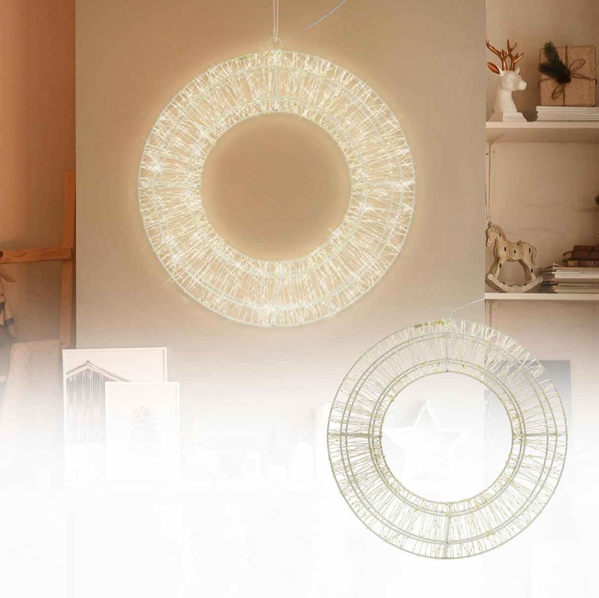 Ghirlande/Corona Natalizie, Decorazione luminosa 3D Struttura in metallo rivestita con Microled Bianco Caldo con Led Flash