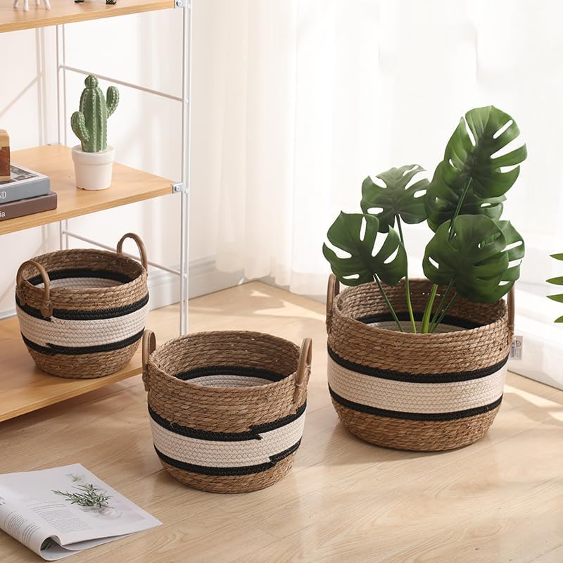 Set 3 Ceste in paglia naturale intrecciata e corda di cotone colore Bianco e Nero