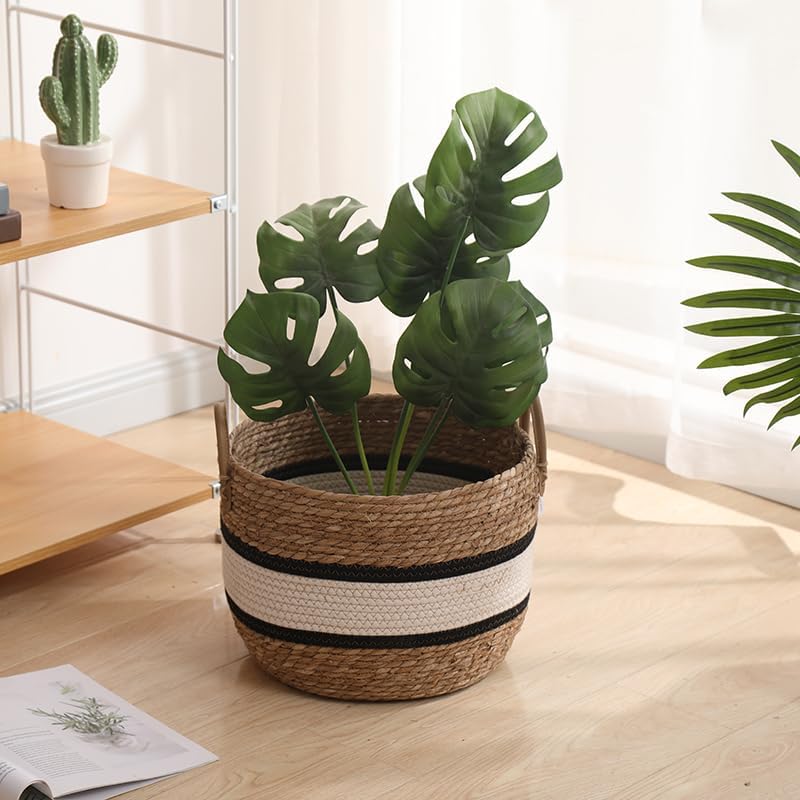 Set 3 Ceste in paglia naturale intrecciata e corda di cotone colore Bianco e Nero