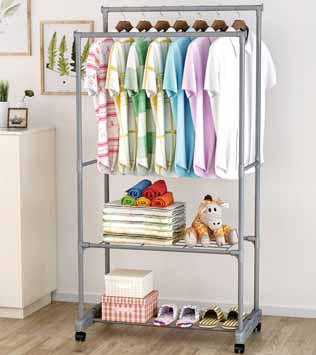 Stender appendiabiti doppio Grigio con ripiano, portascarpe con ruote Misura 77x39x157cm