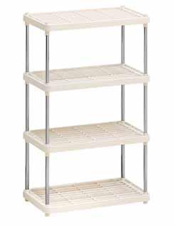 Scaffale portatutto Bianco realizzato con tubi in metallo e Ripiani in plastica grigliati .