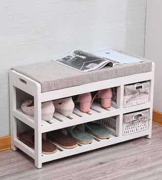 Panchetta Ingresso in legno con 2 cesti e cuscino in tessuto Misure 70x28x42cm