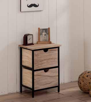 Cassettiera a due cassetti con struttura in metallo colore nero con top e cassettiin legno con finitura effetto bruciato.