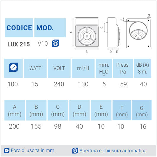 LUX 215 Ø100 Aspiratore da parete centrifugo