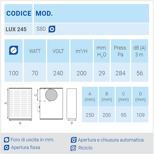 LUX 245 Ø100 Aspiratore da parete o sottocappa centrifugo scheda tecnica