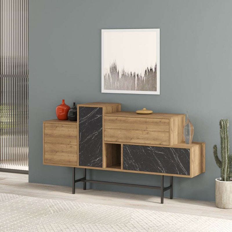 Madia colore noce con ante e cassetti effetto marmo nero 160 cm