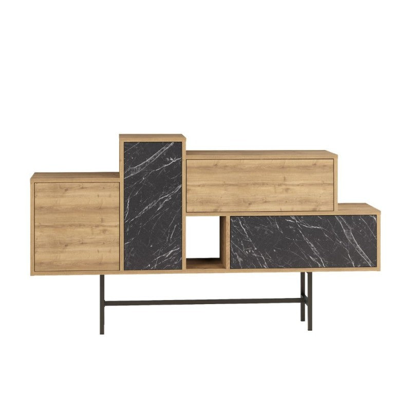 Madia colore noce con ante e cassetti effetto marmo nero 160 cm