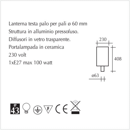 Lanterna testa palo per pali di diametro 60mm. - scheda tecnica