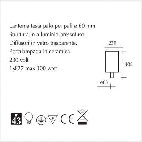 Lanterna testa palo per pali di diametro 60mm. - scheda tecnica