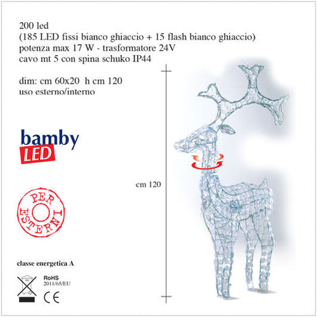 Sagoma luminosa Led Renna Bamby con decori Diamond. altezza 120cm
