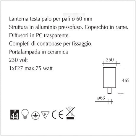 Lanterna testa palo per pali ø 60 mm con copertura in rame - scheda tecnica