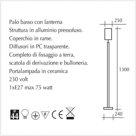 Palo basso da giardino con lanterna. Lampione a lanterna da esterno con colonnina - scheda tecnica