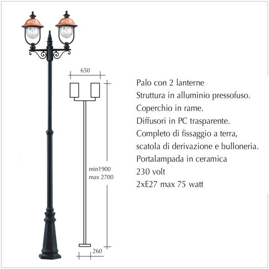 Palo alto da giardino con 2 lanterne - scheda tecnica