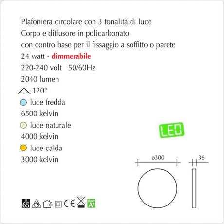 Plafoniera Led tonda a luci a Led per interno ed esterno - scheda tecnica