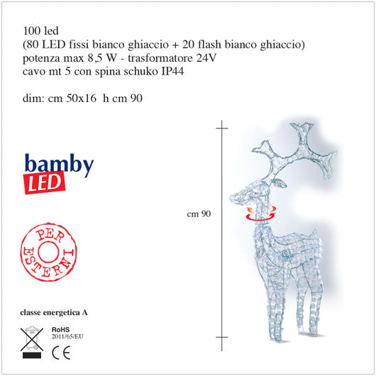 Sagoma luminosa Led Renna Bamby con decori Diamond. altezza 90cm