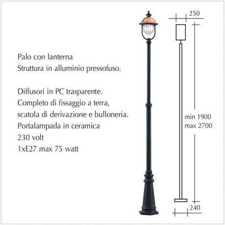 Palo alto da giardino con lanterna - scheda tecnica