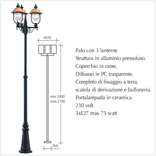Palo alto da giardino con 3 lanterne - scheda tecnica
