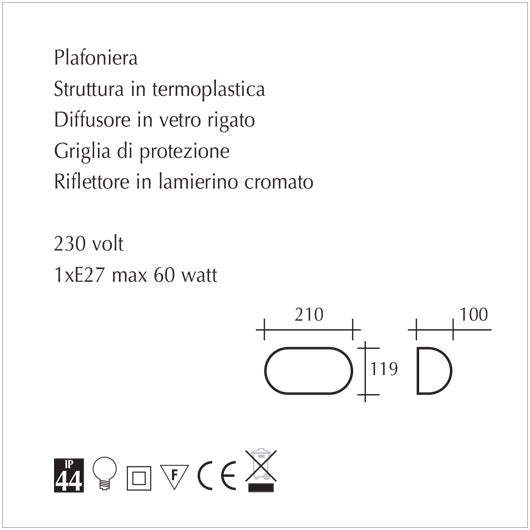 Plafoniera Turtle Ovale con Griglia - Attacco lampadina E27 – 60W Max -Impermeabile IP44 - Ideale per montaggio all’esterno modello tartaruga