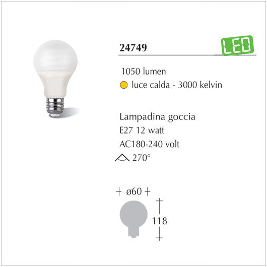 Lampadina Led a Goccia ad alta efficienza luce calda 12watt - illuminazione per interni