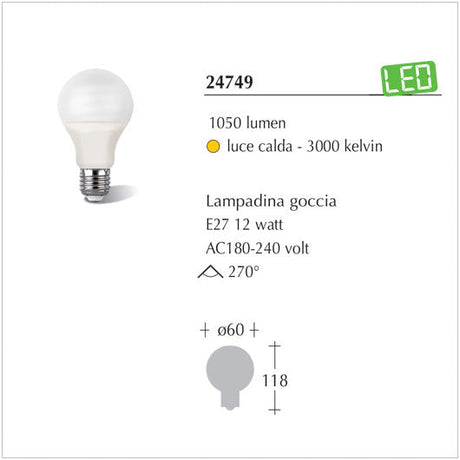 Lampadina Led a Goccia ad alta efficienza luce calda 12watt - illuminazione per interni