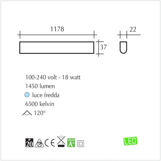Plafoniera reglette a luci Led sottopensili con tasto on off - 18 watt - illuminazione per interni