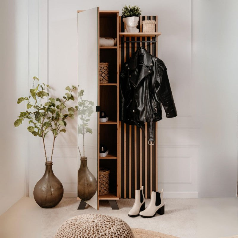 Mobile ingresso Medan cannettato con specchio e 4 ripiani interni