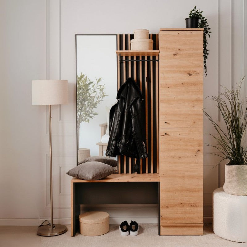 Mobile ingresso cannettato con 2 ante e panca colore quercia e antracite