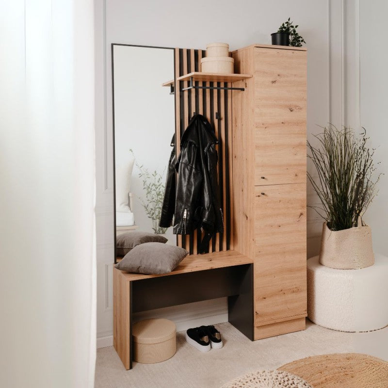 Mobile ingresso cannettato con 2 ante e panca colore quercia e antracite