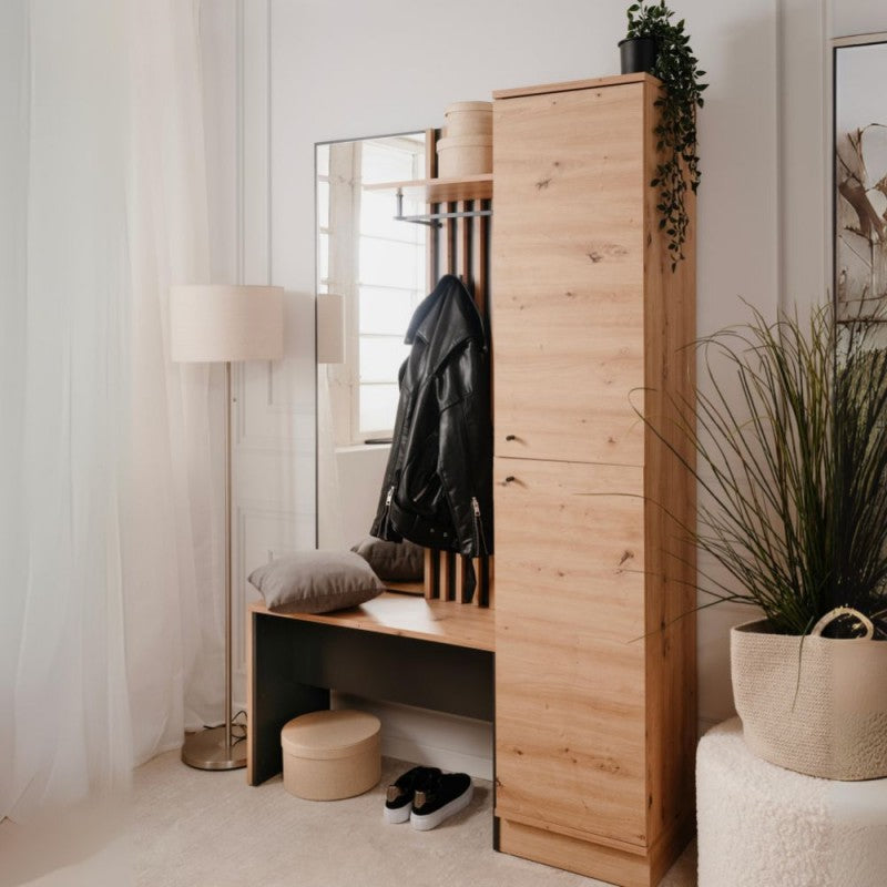 Mobile ingresso cannettato con 2 ante e panca colore quercia e antracite