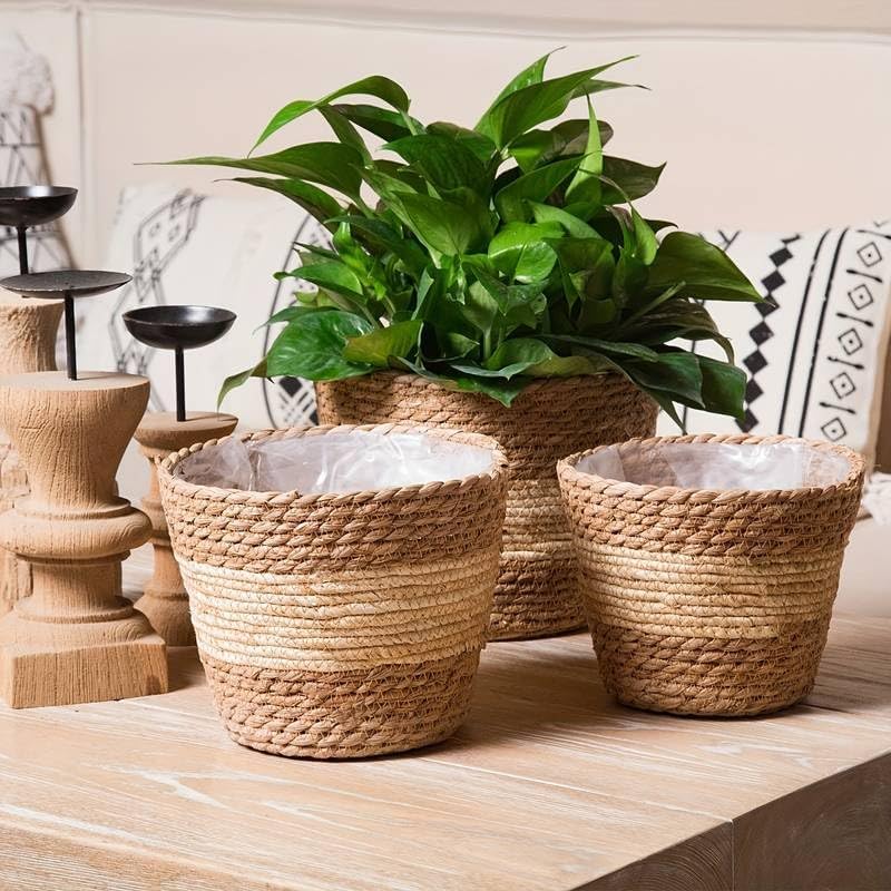 Set 3 Ceste (Large +Medium +Small) paglia intrecciata e corda di cotone +rivestimento interno in plastica .