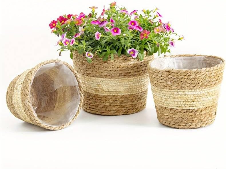 Set 3 Ceste (Large +Medium +Small) paglia intrecciata e corda di cotone +rivestimento interno in plastica .