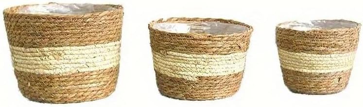 Set 3 Ceste (Large +Medium +Small) paglia intrecciata e corda di cotone +rivestimento interno in plastica .