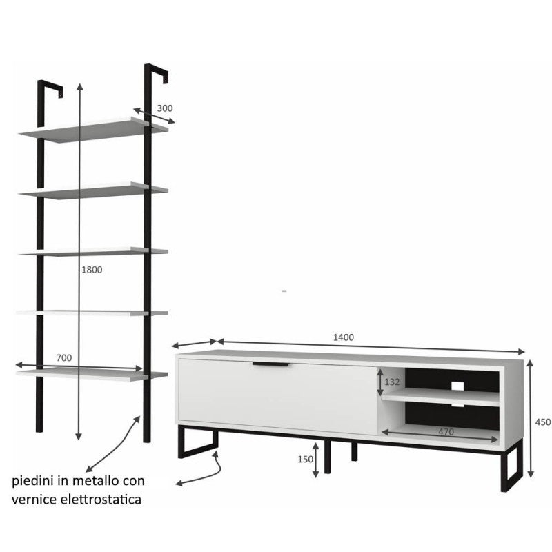 Parete attrezzata porta tv e libreria bianca